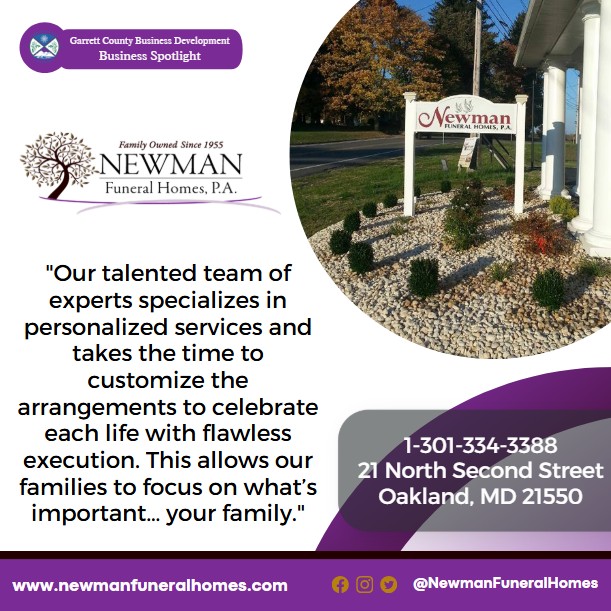 Todays Business Spotlight 📣 is on Newman Funeral Homes P.A. 
Visit them at www.newmanfuneralhomes.com or Newman Funeral Homes, P.A.
Follow us to see more daily Garrett County Business Spotlights!
If you are interested in having your business featured contact Connor Norman at cnorman@garrettcountymd.gov #businessdevelopment #garrettcountymd